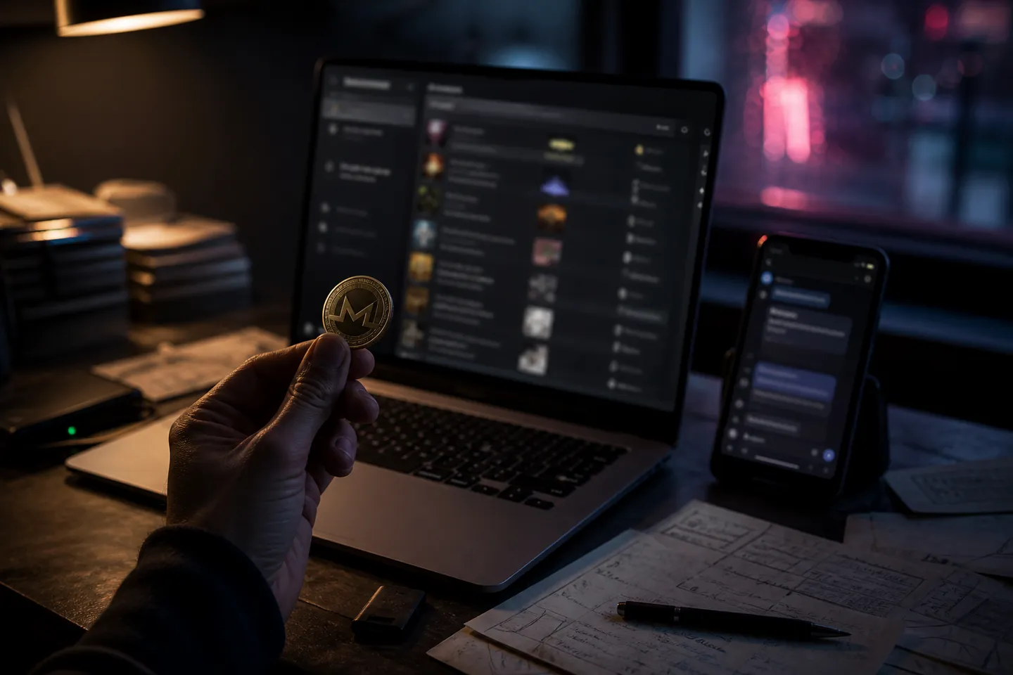 urban office desk with laptop and Monero coin