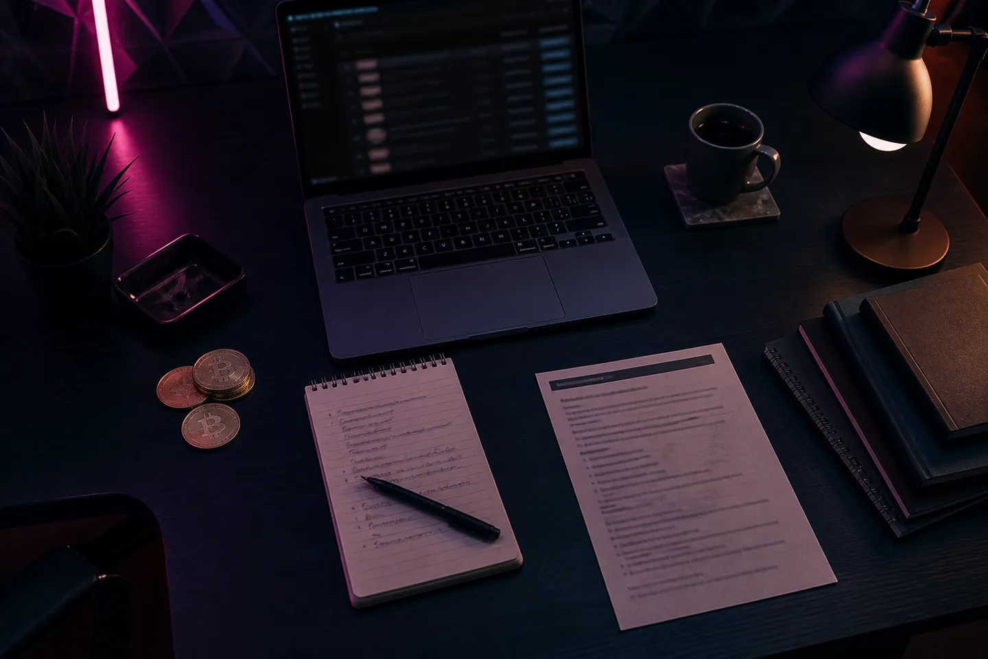 workspace with cryptocurrency tools and darknet documents