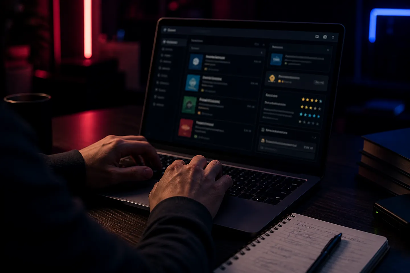 hands typing on laptop with darknet vendor ratings