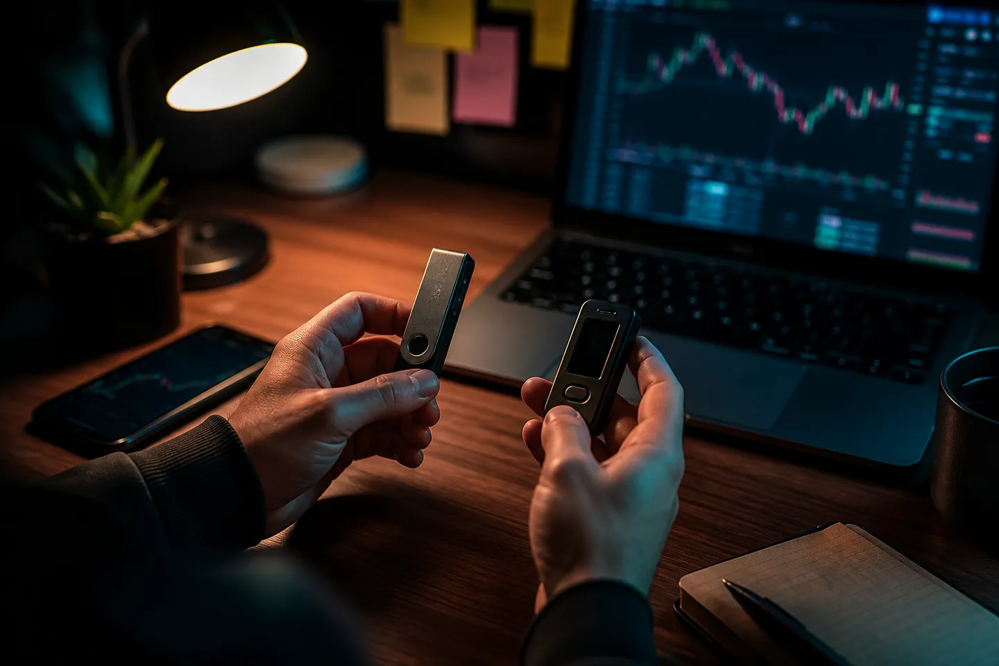 user comparing cryptocurrency wallets on a desk