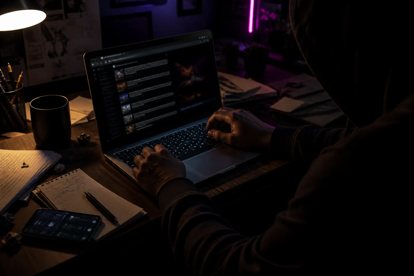 user analyzing dark web market links on a laptop