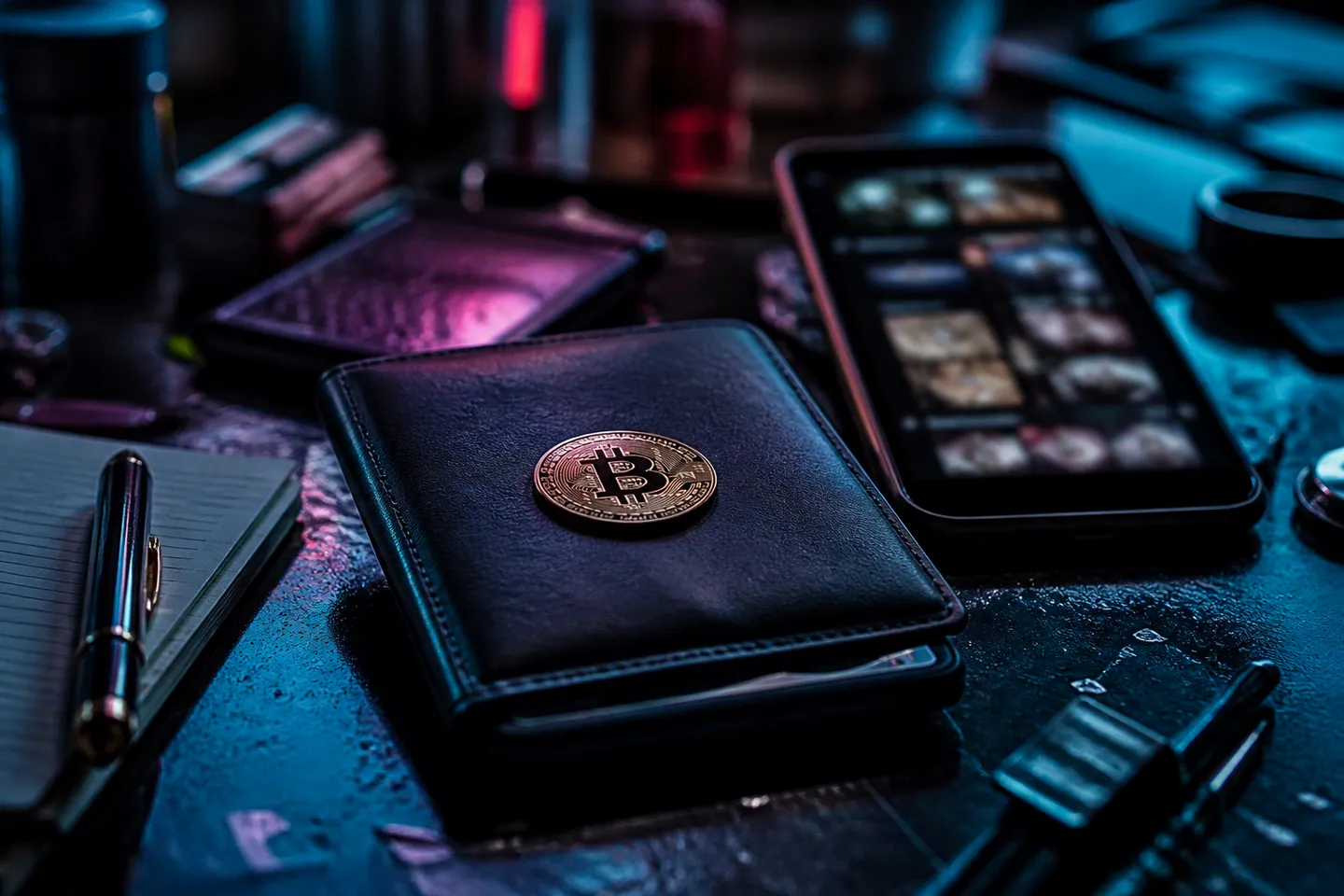 cryptocurrency wallet and tools on a desk
