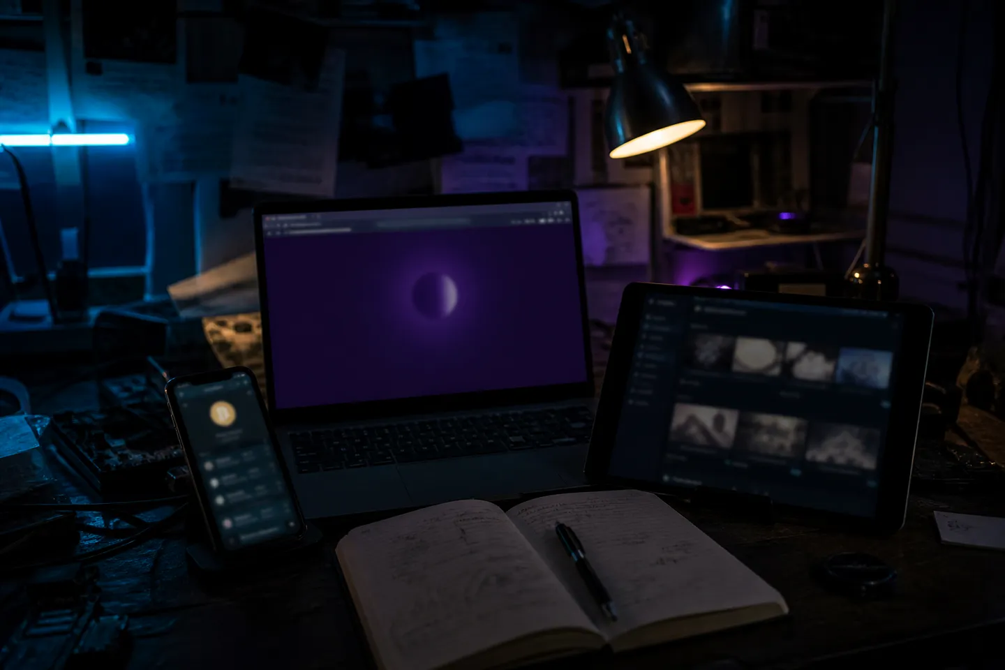 cluttered desk with dark web tools