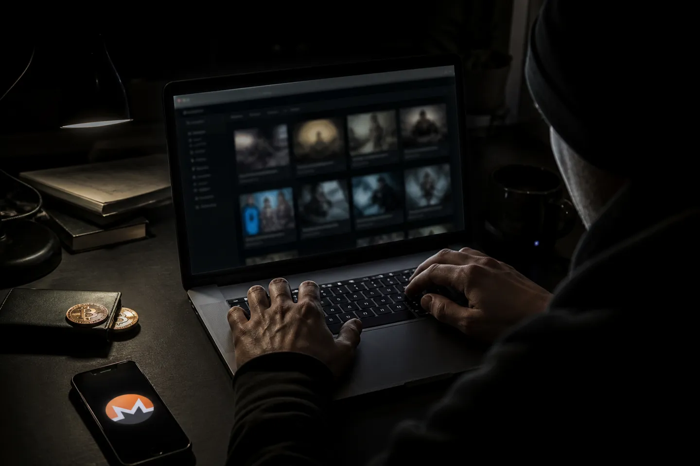 user exploring dark web marketplace on laptop