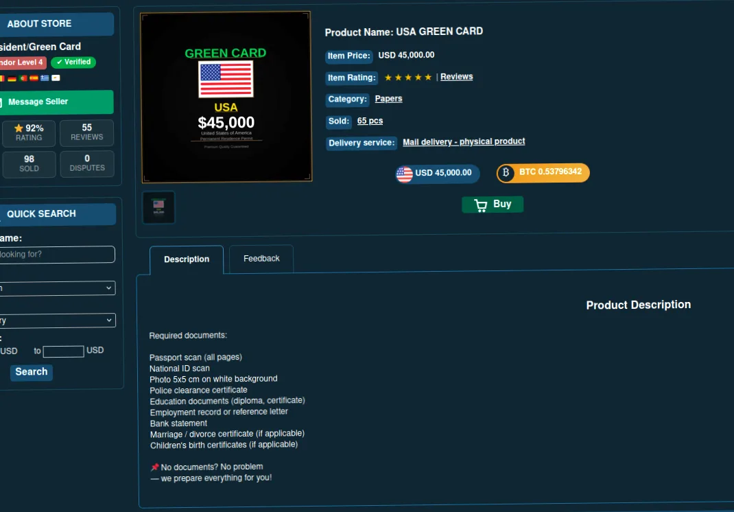 Advertisement showing green card priced at $45,000
