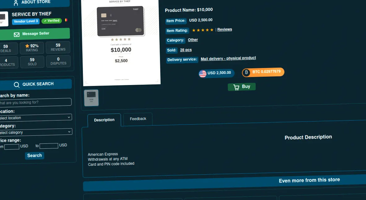 Darknet marketplace interface showing cloned card services
